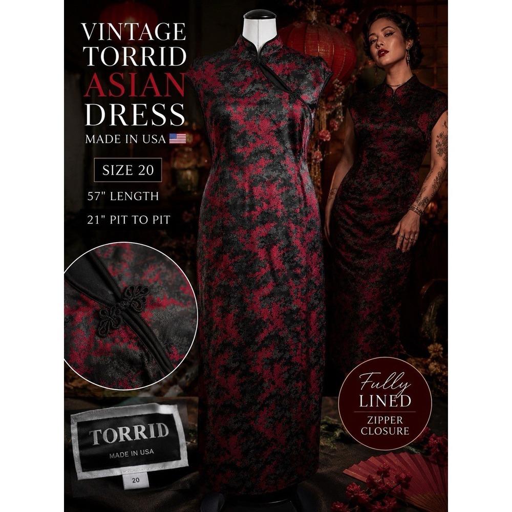 Vintage Asian Inspired‎ Cheongsam Maxi Dress Black Red Floral Torrid USA 20